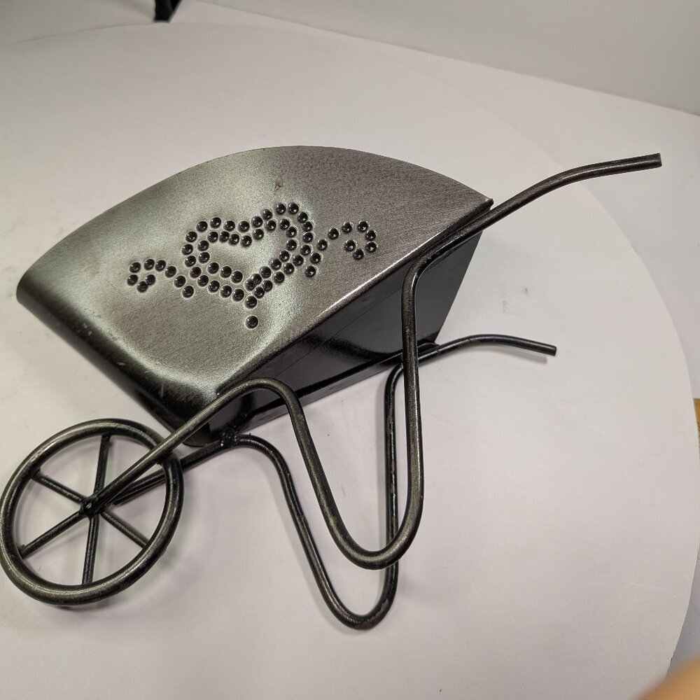 Metal wheelbarrow w pierced /punched Heart design Farmhouse Cottagecore Garden